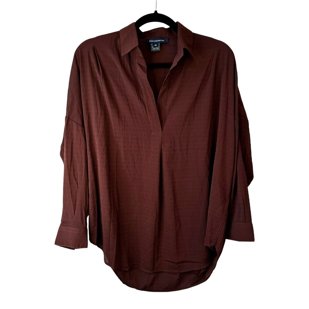 French Connection New Womens 3/4 Sleeve Popover Top Brown XS Neutral Minimalist